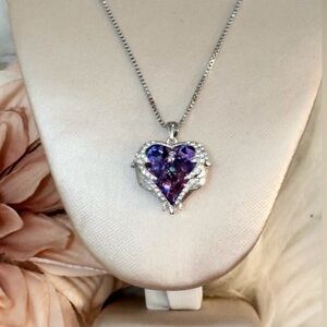 Elegant Sterling Silver Purple and Blue Moissanite Heart Pendant Necklace NEW!